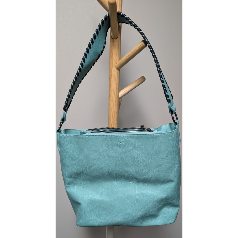 S-Q Vegan Leather Cruelty Free Aqua Tote Bag & Mini Travel Purse New Without Tag